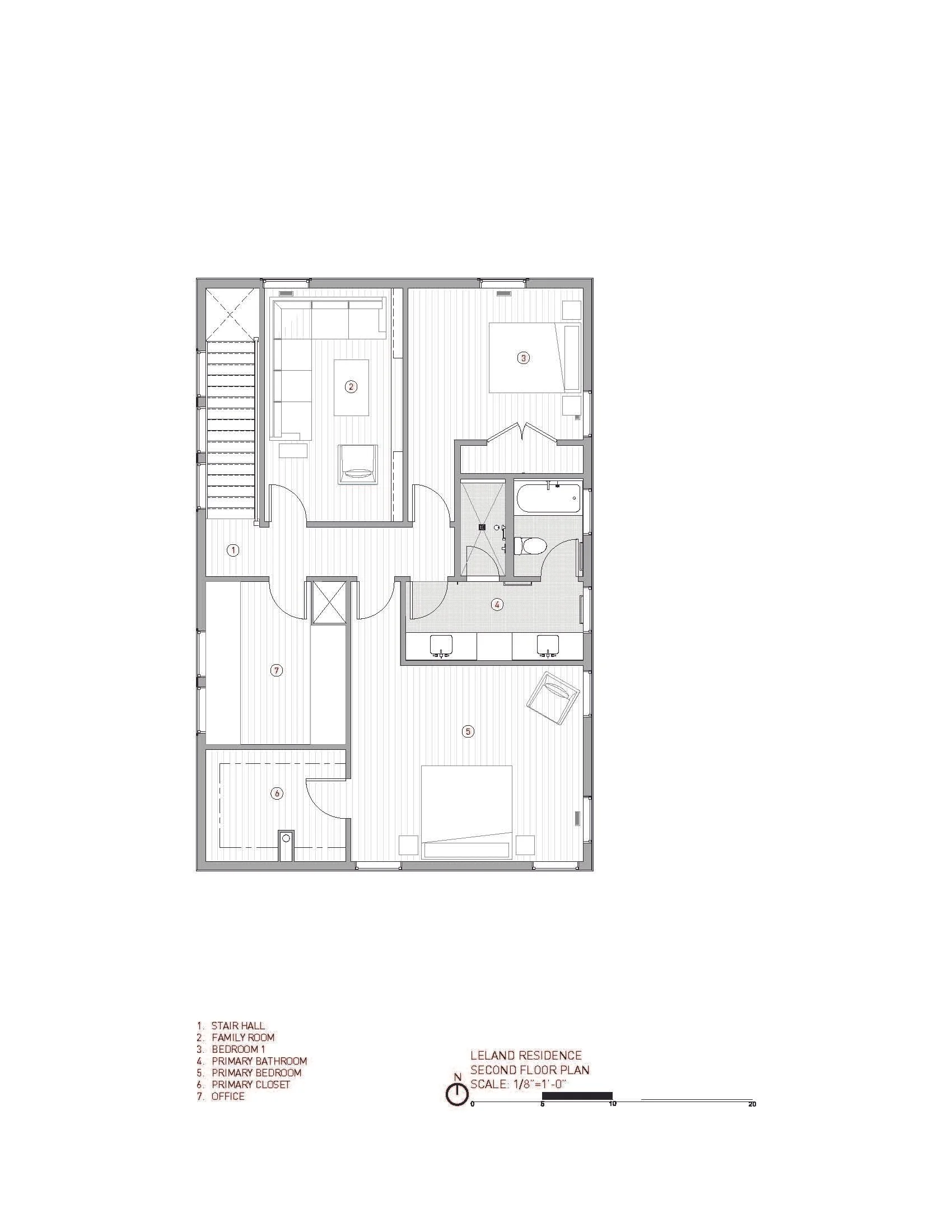 Floor plan of a house labeled 'LELAND RESIDENCE SECOND FLOOR PLAN' with rooms including stairs hall, family room, bedroom, bathroom, primary bedroom, closet, and office.