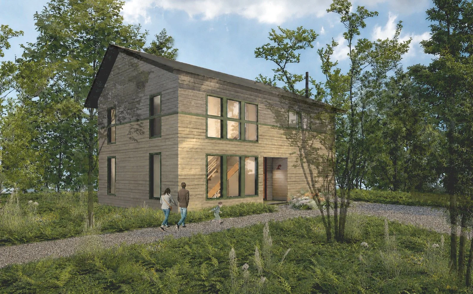 A modern two-story house with large windows, surrounded by greenery and trees, with three people walking on a gravel path in front.
