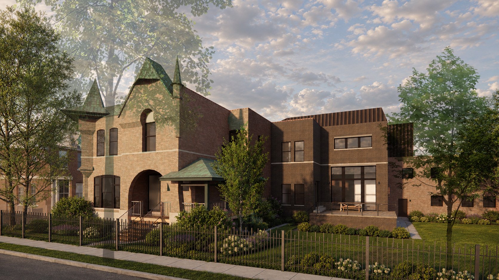 A modern residential building with a gothic-style section featuring spires and arched windows, surrounded by trees, a fence, and landscaped greenery, during daytime with a sky filled with clouds.
