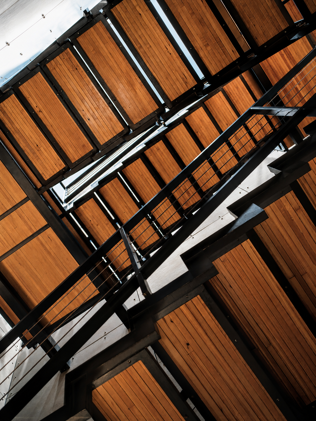 Looking up at a staircase with wooden steps and black metal railings inside a modern building.