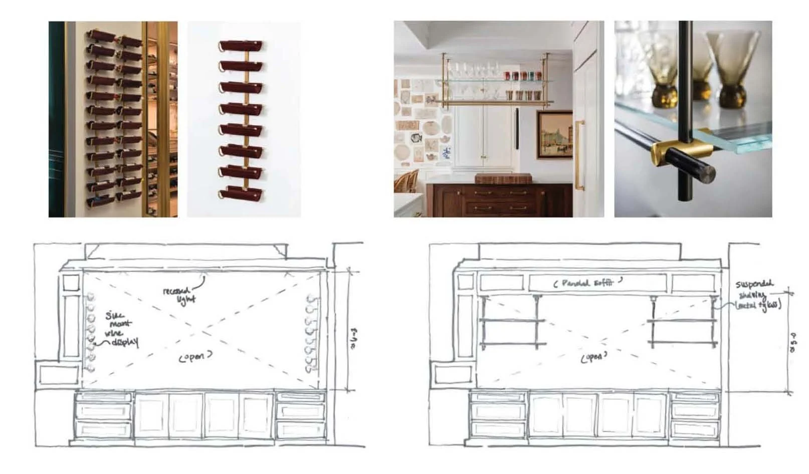 Design plan for a wall-mounted shelving unit with detailed sketches, and three photos of wine racks and kitchen decor, including a drawer-style cabinet and glass shelving with gold accents.