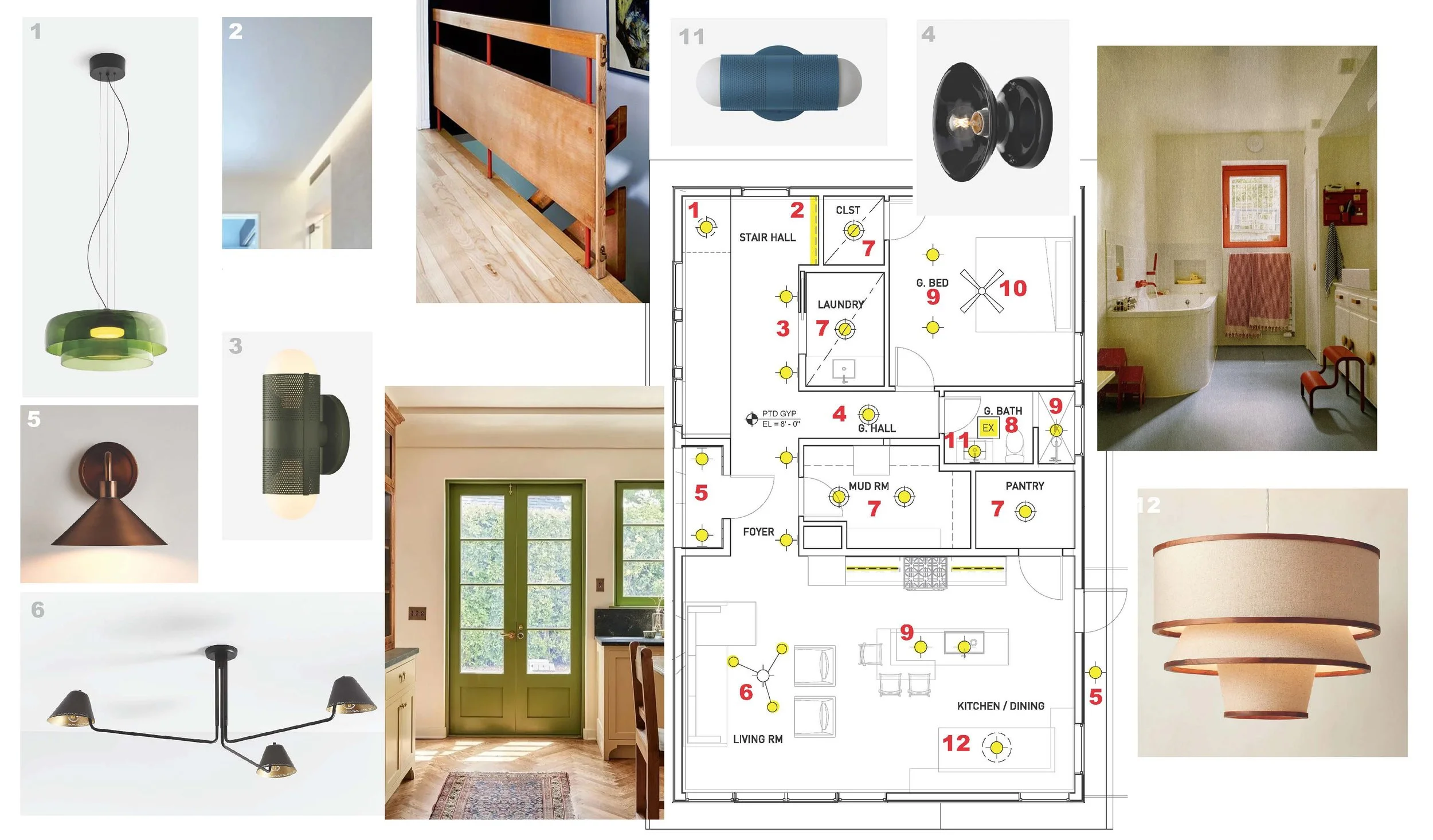 A collage of interior design elements including various ceiling and wall lights, a wooden bed frame, a green door with windows, a kitchen with cabinets, a living room, a bathroom, and a detailed home floor plan.