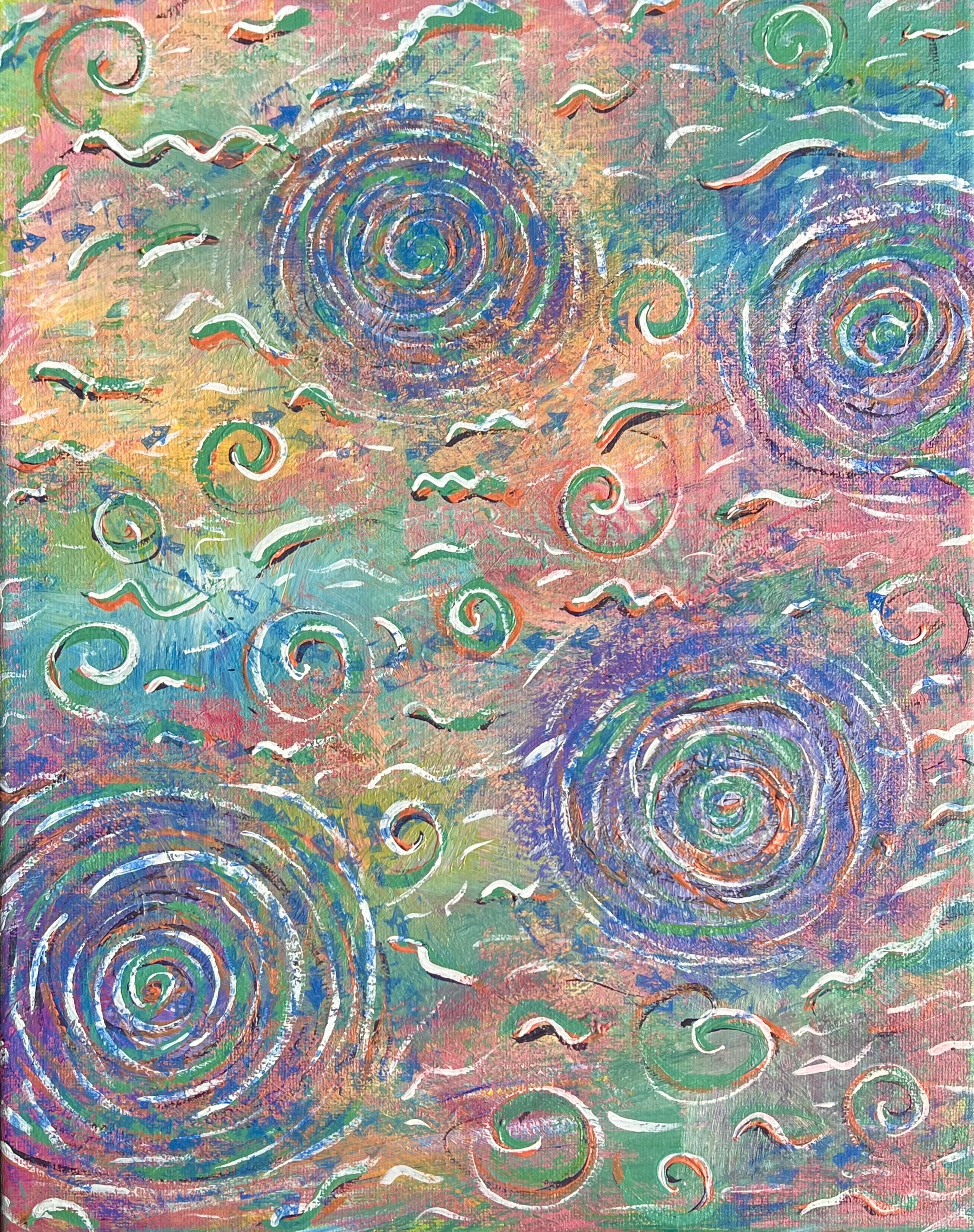 An abstract painting of oranges and blues with  four circular shapes of white and teal like vortexes. There are waves and swirls throughout moving into these vortex like shapes.