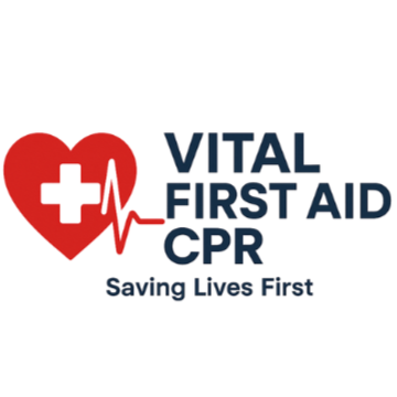 Logo for VITAL FIRST AID CPR with a red heart, white cross, and heartbeat line, and the slogan 'Saving Lives First'.