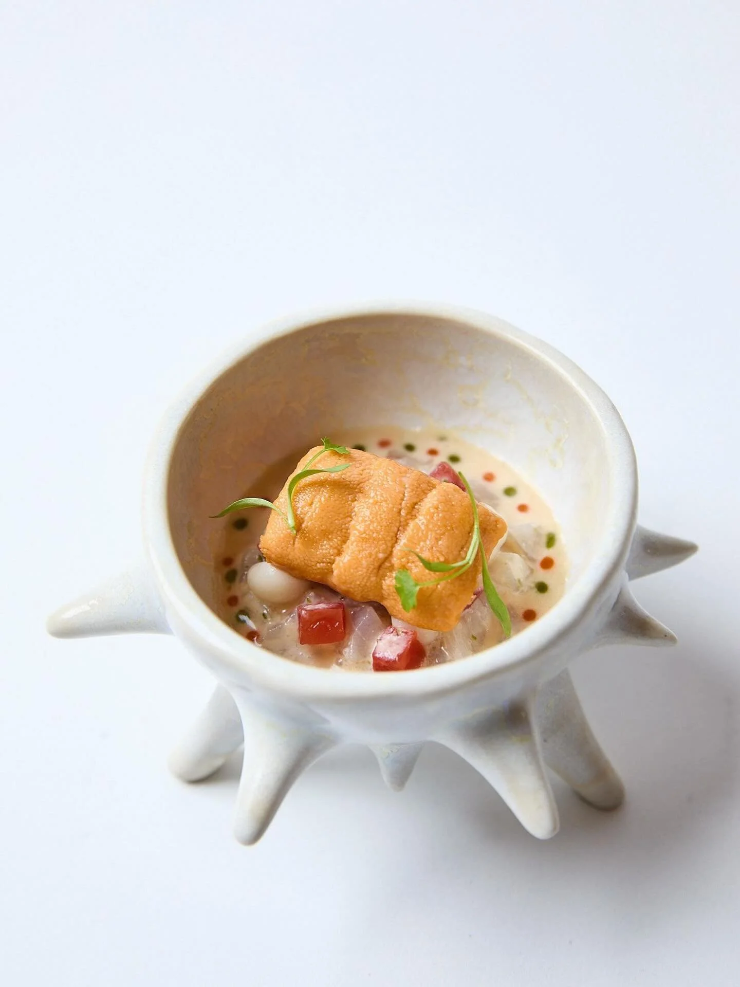 A modern interpretation of Tom Yum, transformed into a chilled ceviche of Hiramasa and Hokkaido uni. The dish is served in a handcrafted sea urchin bowl by @goji.studio , uniting art and flavour in one moment of discovery.

📸: @jonolawley