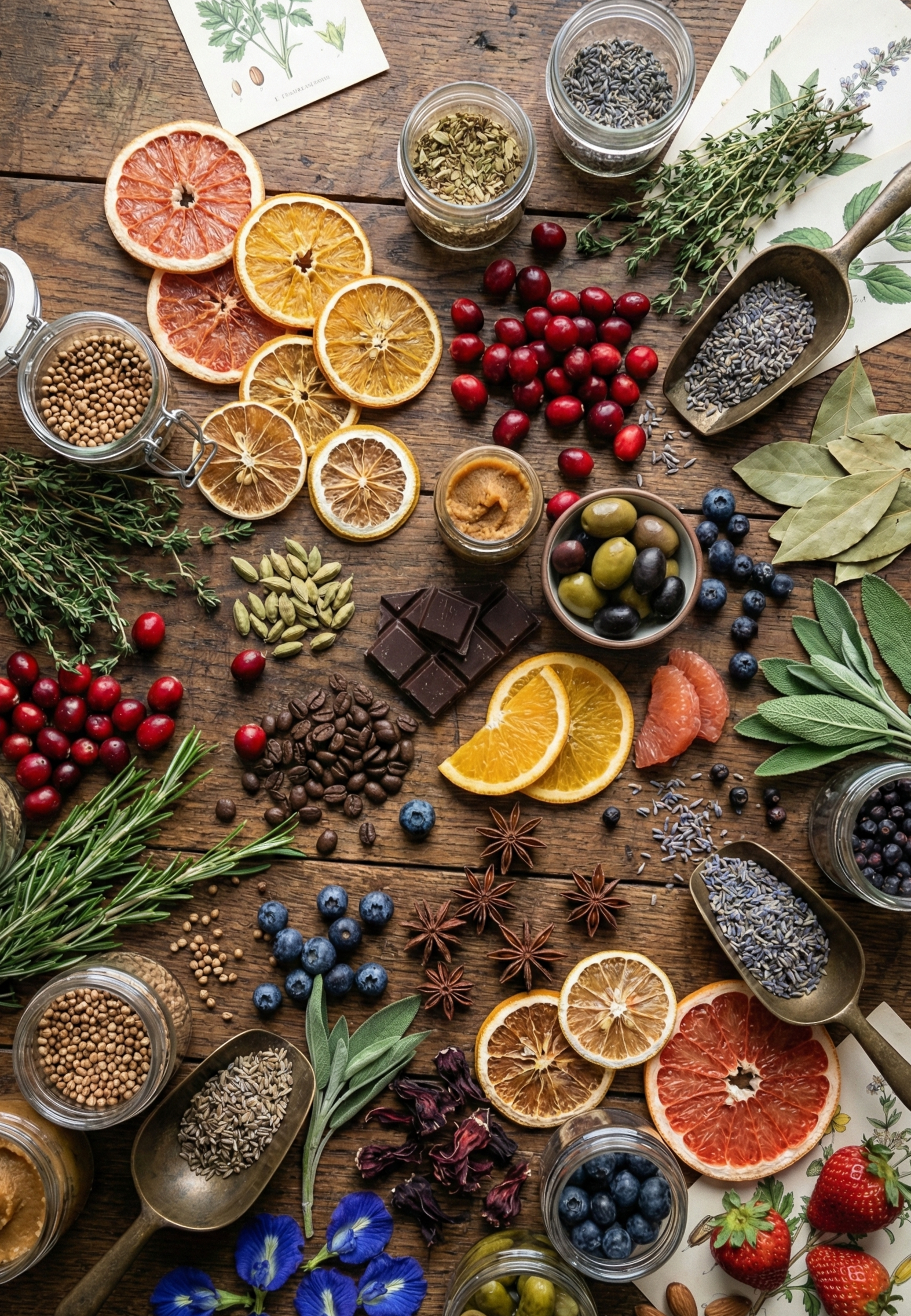 A wooden table displaying various dried herbs, spices, and fresh fruits including lemon slices, cranberries, blueberries, grapes, strawberries, and star anise, along with some dark chocolate pieces, cardamom, lavender, and other botanical ingredients.
