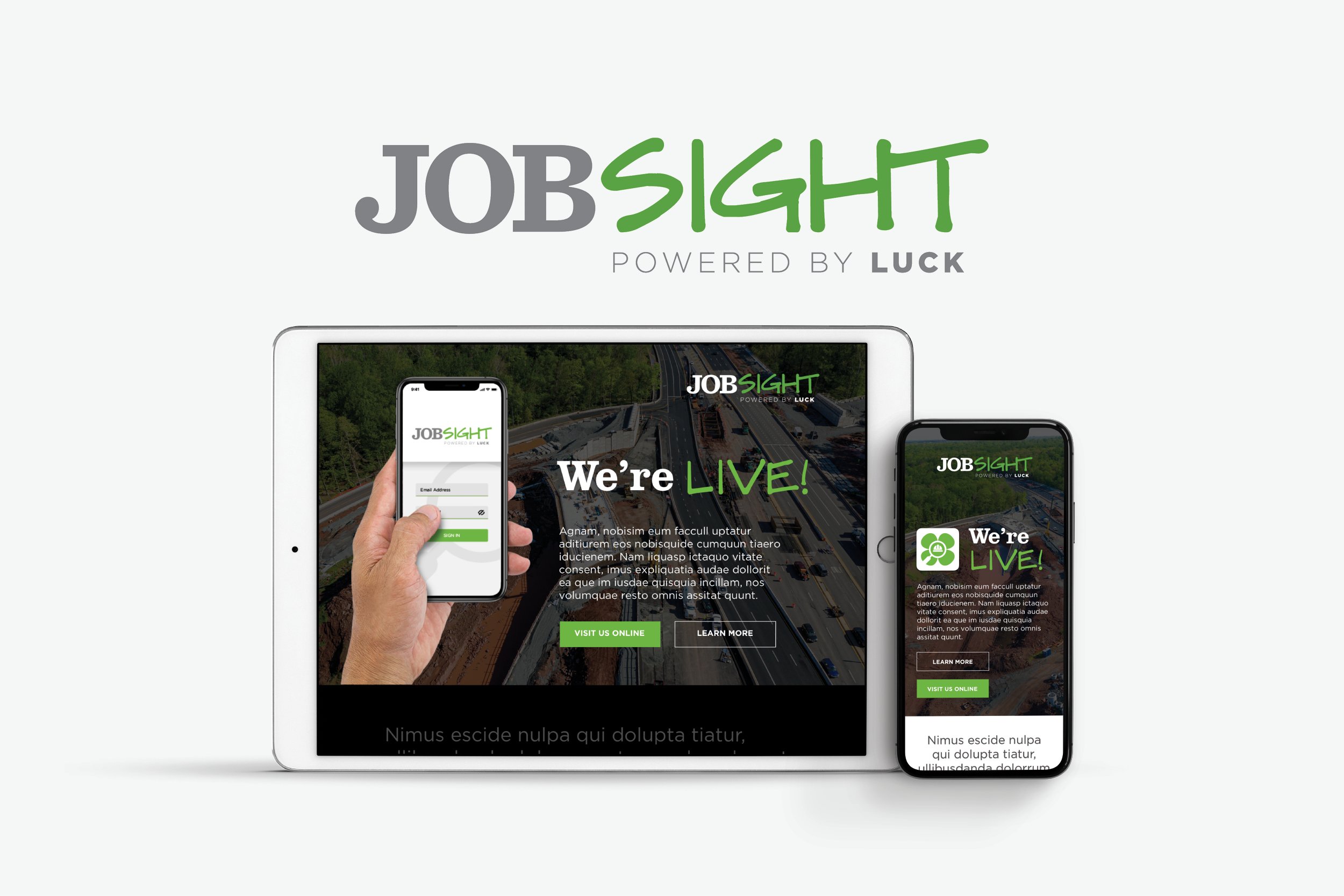 Tablet and phone displays for website titled JOB SIGHT. The text features buttons for online visits and more information.