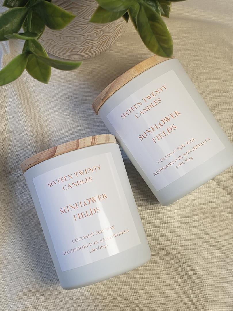 White Matte jar with wooden lid 8oz Sunflower Fields scented