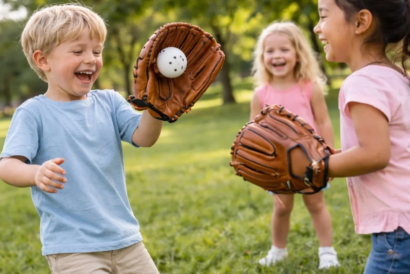 Image of three children playing catch