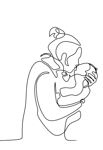 Single-line drawing of a mother cradling and kissing her baby, representing postpartum mental health care