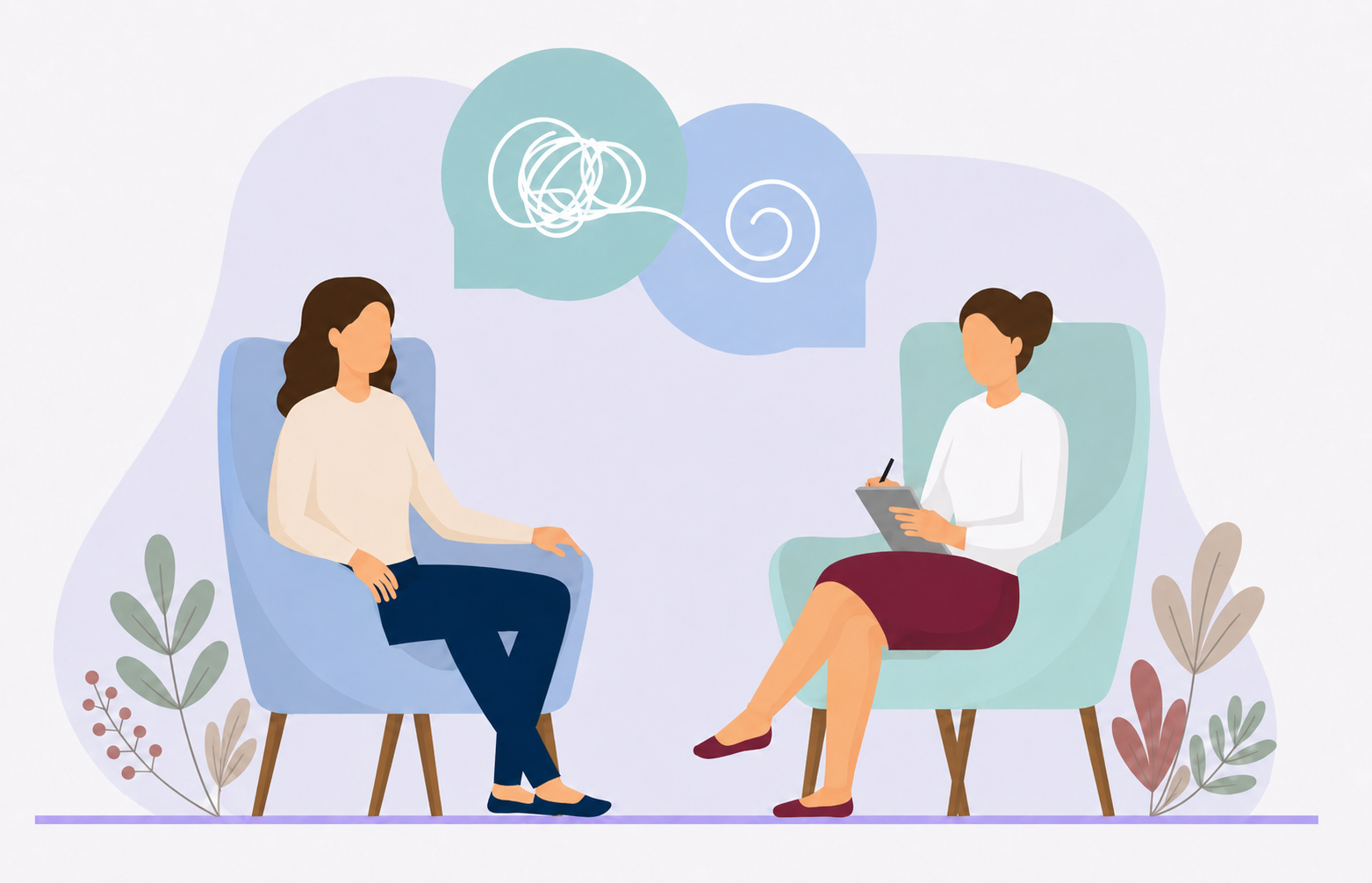Illustration of two women in a supportive conversation with a thread untangling above them, representing collaborative care between Linda Perry and referring clinicians