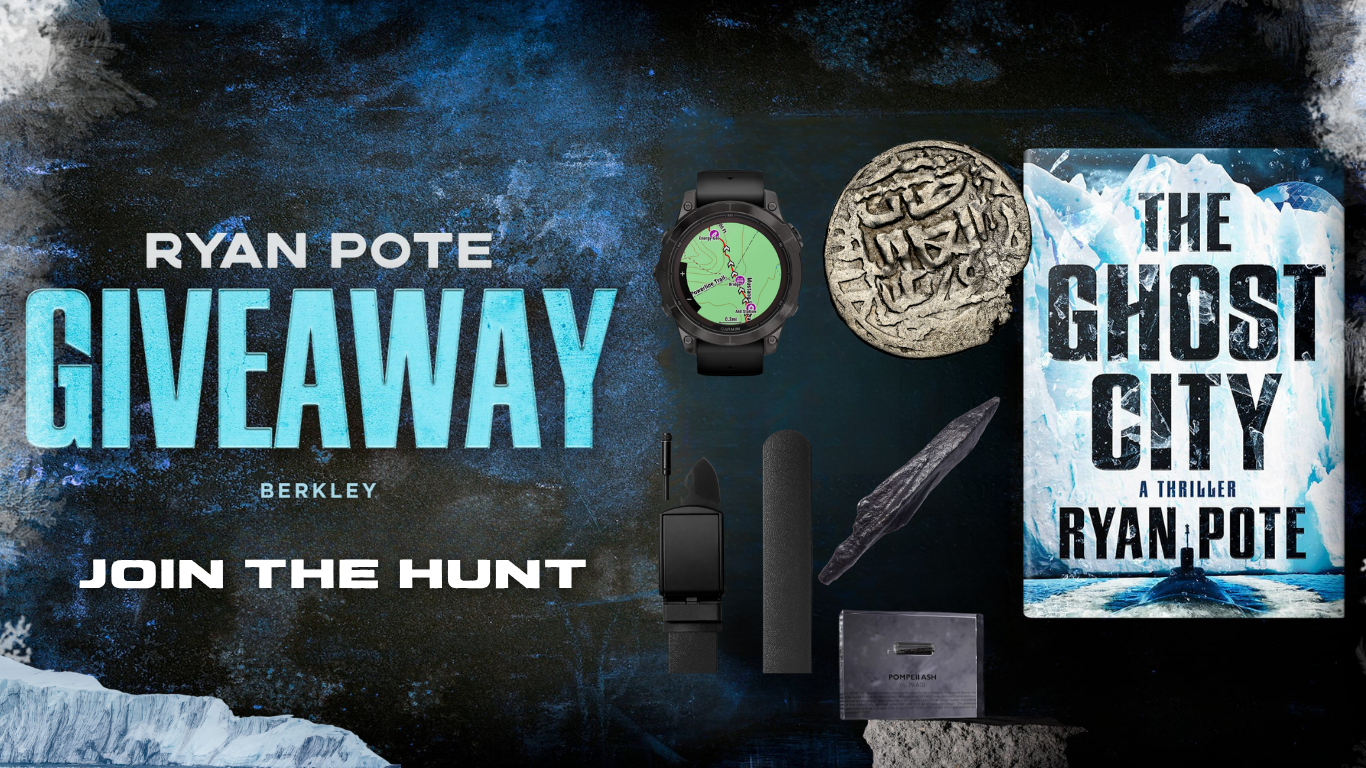 Advertisement for Ryan Pote's giveaway of Burkeley, which includes a smartwatch, a stone artifact with writing, a book titled 'The Ghost City' by Ryan Pote, and other tech and collectible items, with the text 'Join the Hunt'.