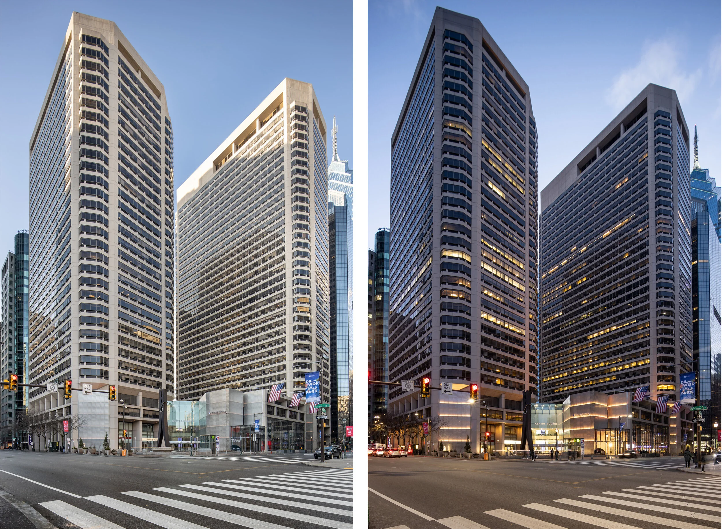 Originally built in the 1970s, Centre Square consists of twin skyscrapers joined by a central atrium space.