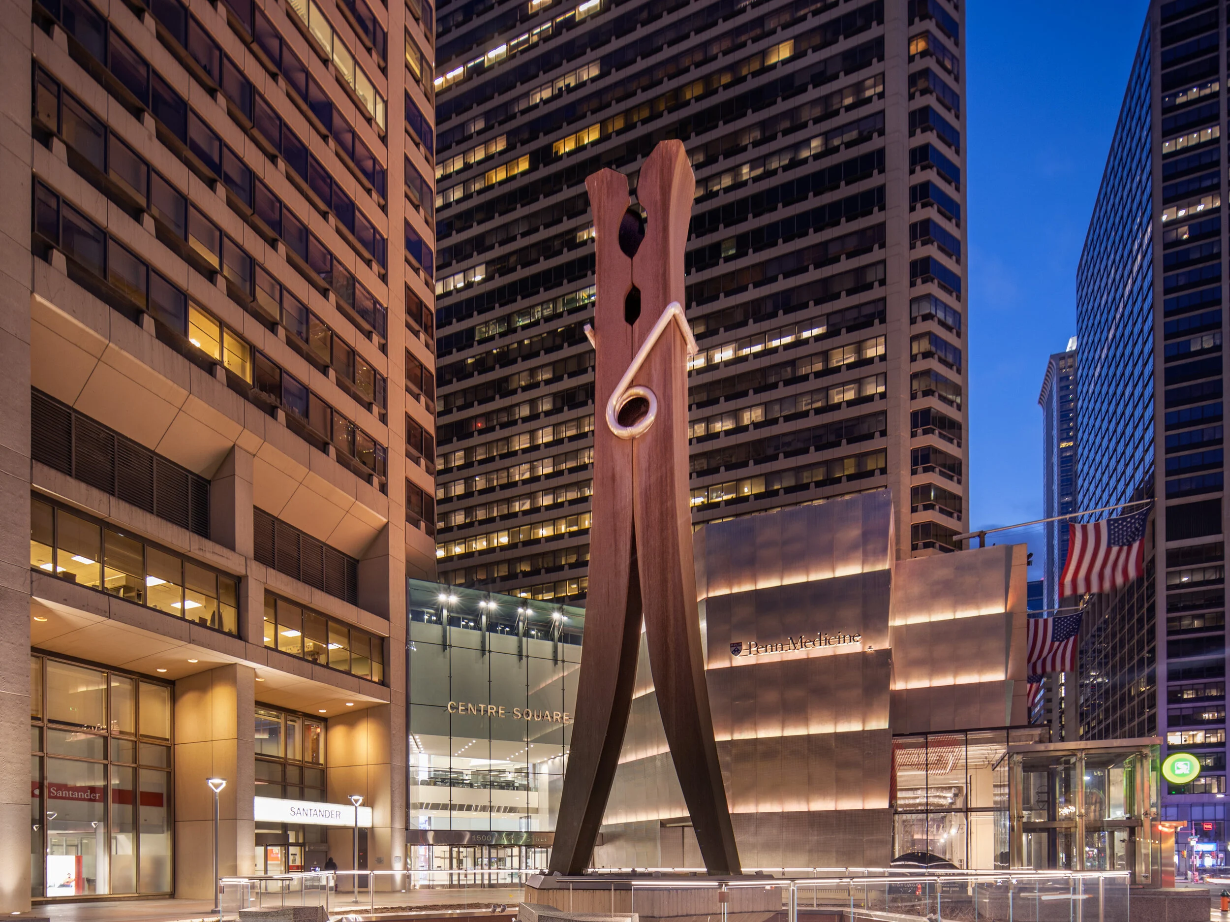 Claes Oldenburg’s classic Pop Art sculpture, The Clothespin, is an iconic landmark in Center City Philadelphia. It sits above a major entrance to the subway system.