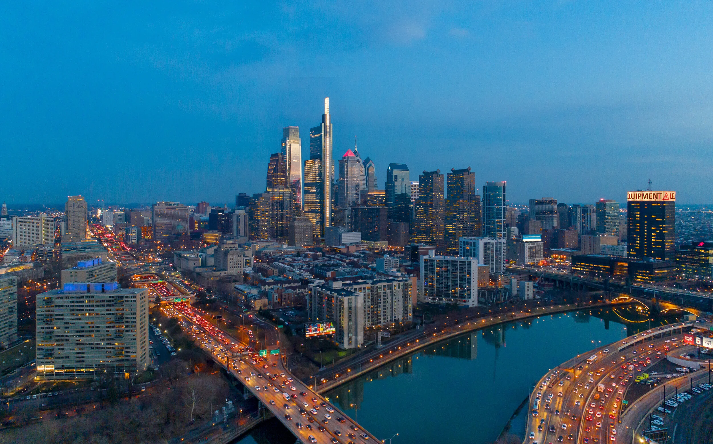 Drone as affordable helicopter: Center City Philadelphia at twilight