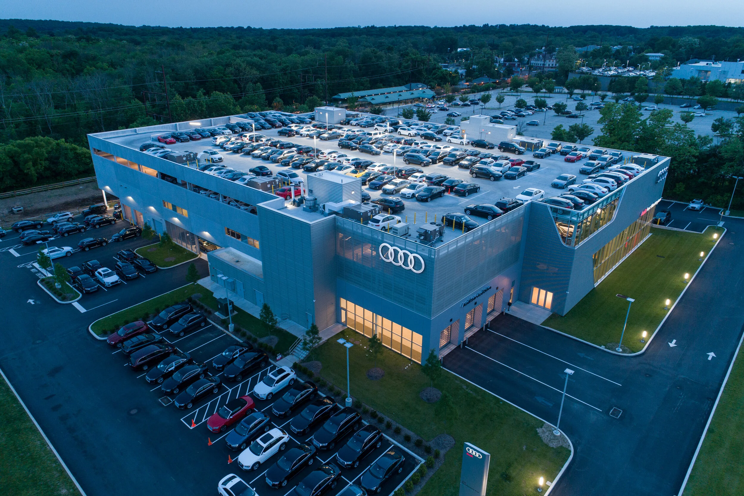 Audi Ft. Washington from 100 feet, showing the roof deck parking of vehicles, which isn’t visible from ground level.