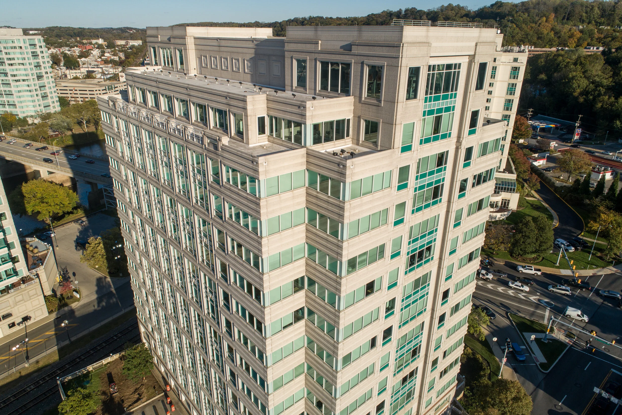 Up close and personal view of One Tower Bridge, Conshohocken, PA.