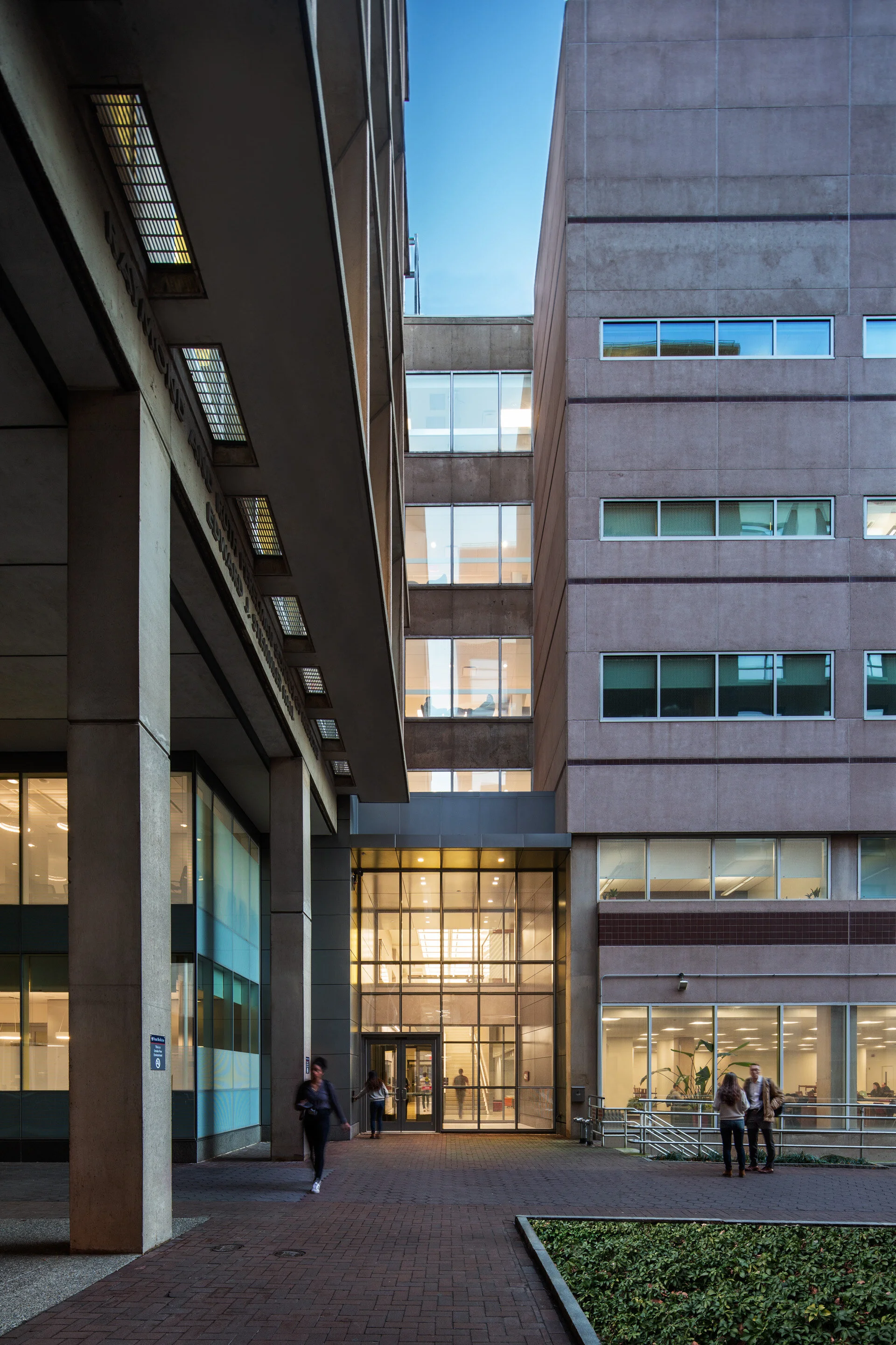 A new, more expansive glass entry helps open up the staid 1970’s rectilinear look of Stemmler Hall.