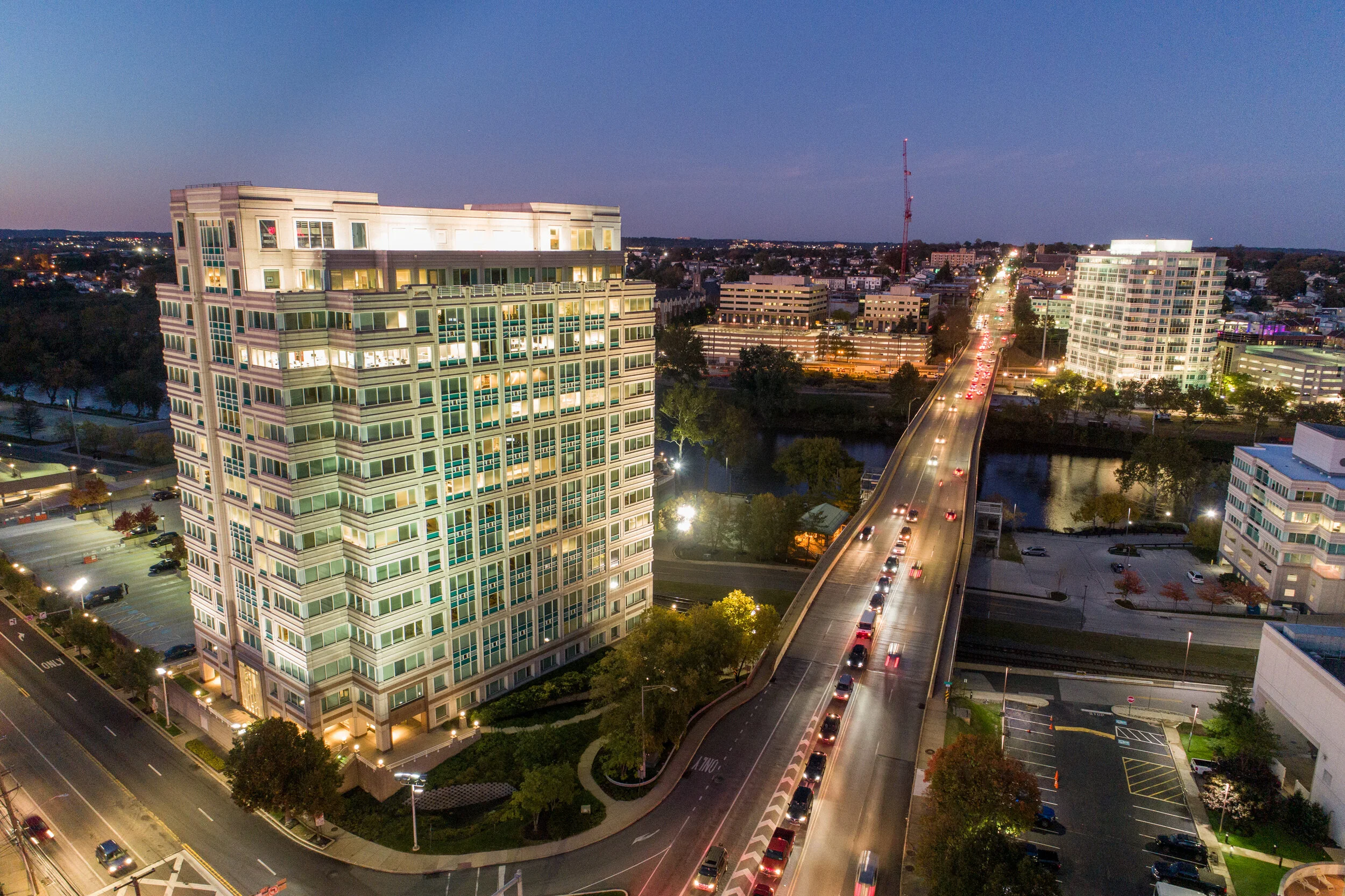 Twilight adds drama to Tower Bridge One in Conshohocken.