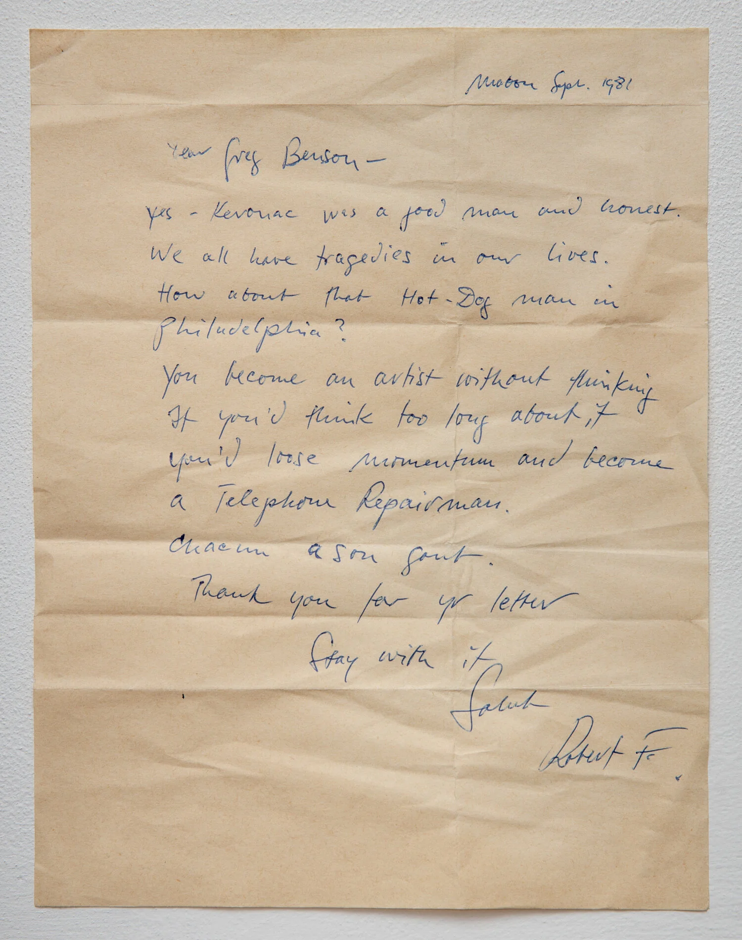 Robert Frank’s letter to me.