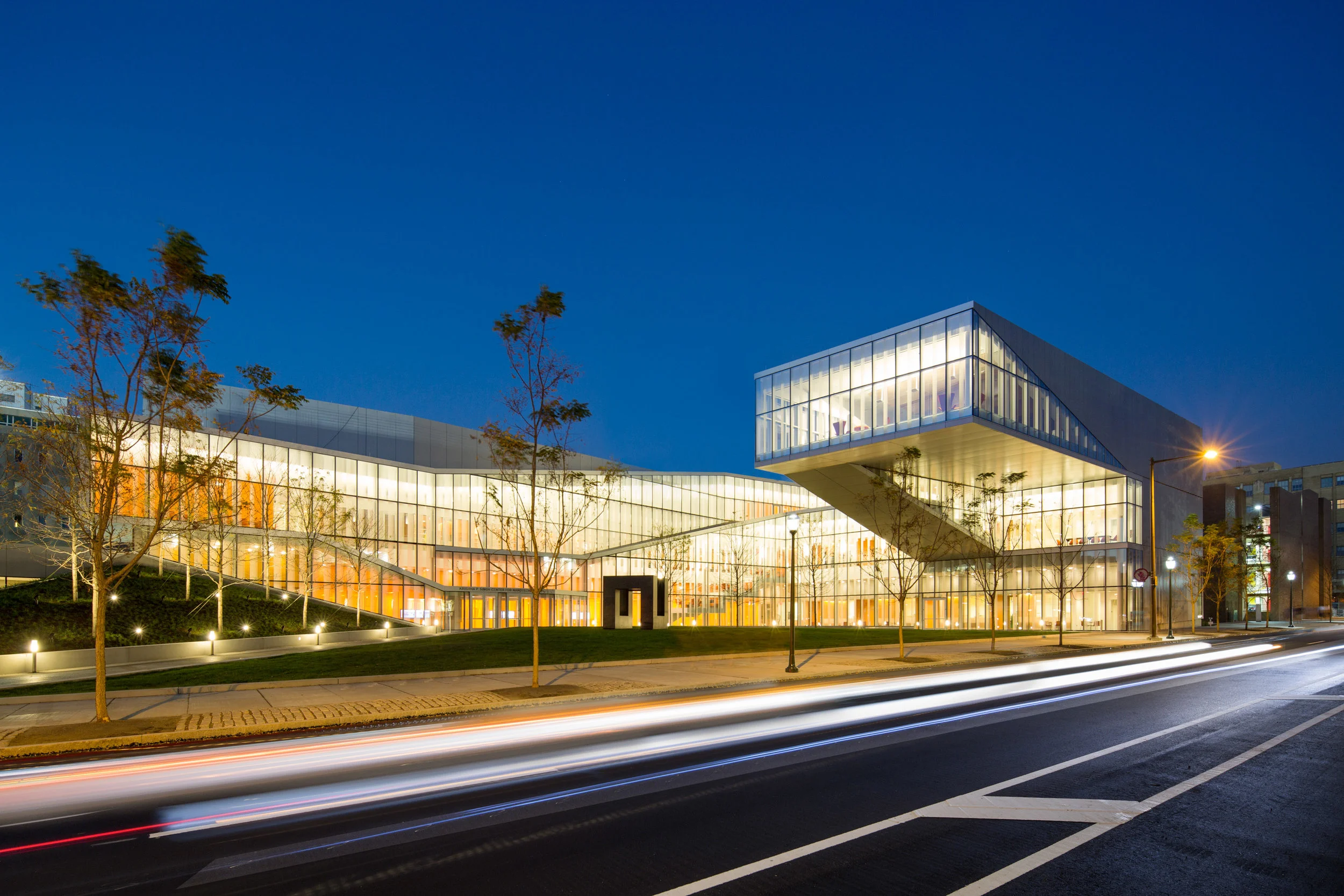 Singh Center for Nanotechnology at Penn lights up with a warm glow in the evening.