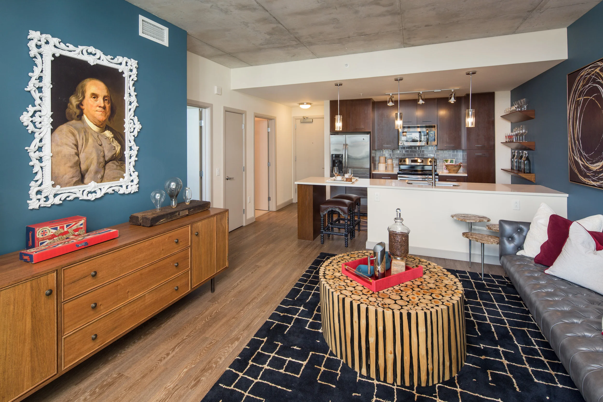 Ben Franklin (Philadelphia and Penn’s mainstay mascot) surveys a model apartment.