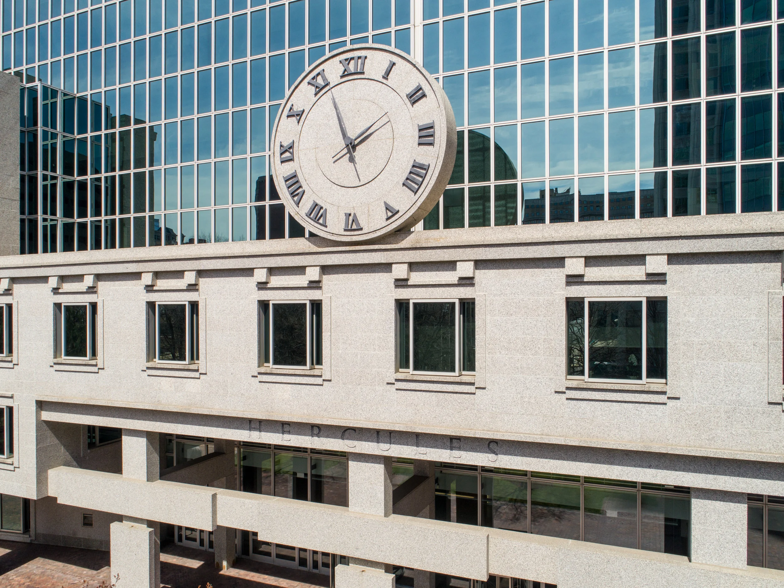 Closing in on 2:00pm.&nbsp; Detail of clock at Hercules Plaza from vantage point afforded by a drone.