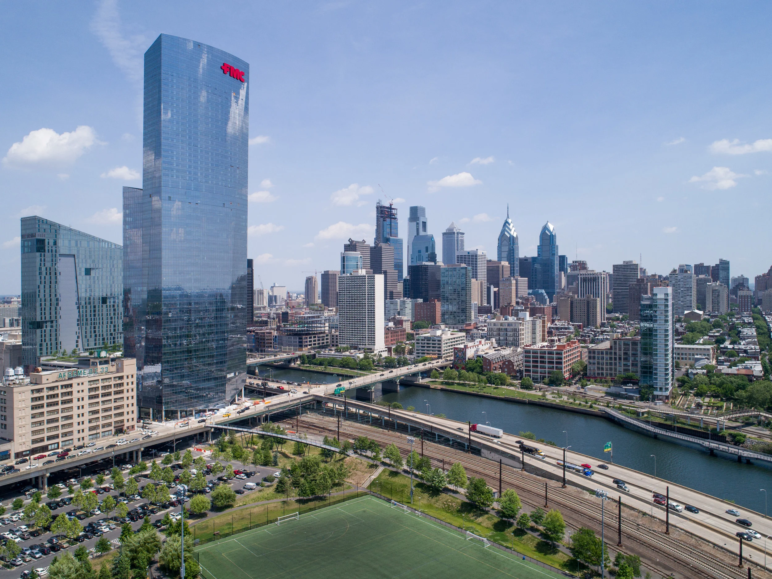 City views. Philadelphia seen from above University of Pennsylvania’s Penn Park; new FMC building on the left.