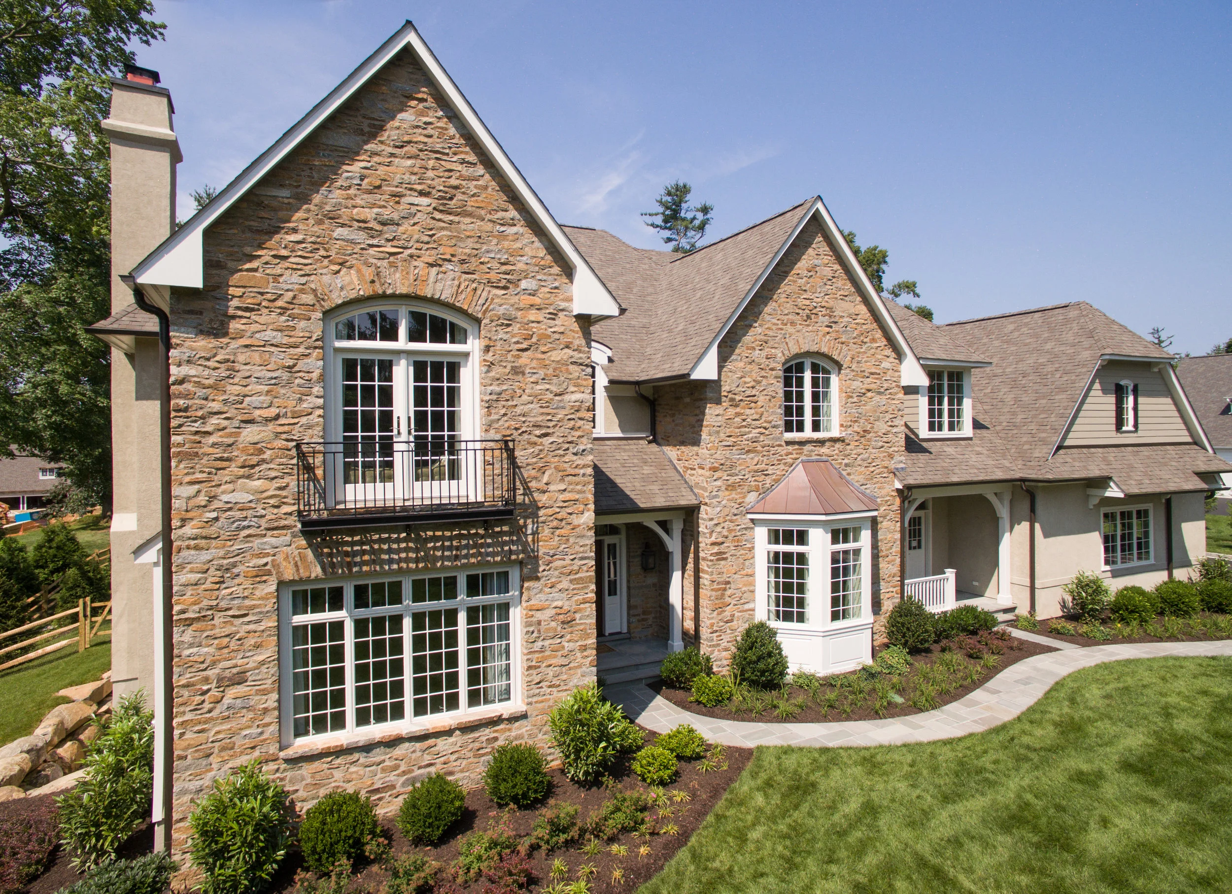 In the heights. Façade of Bentley Homes’ model house shot from 15 feet above the ground