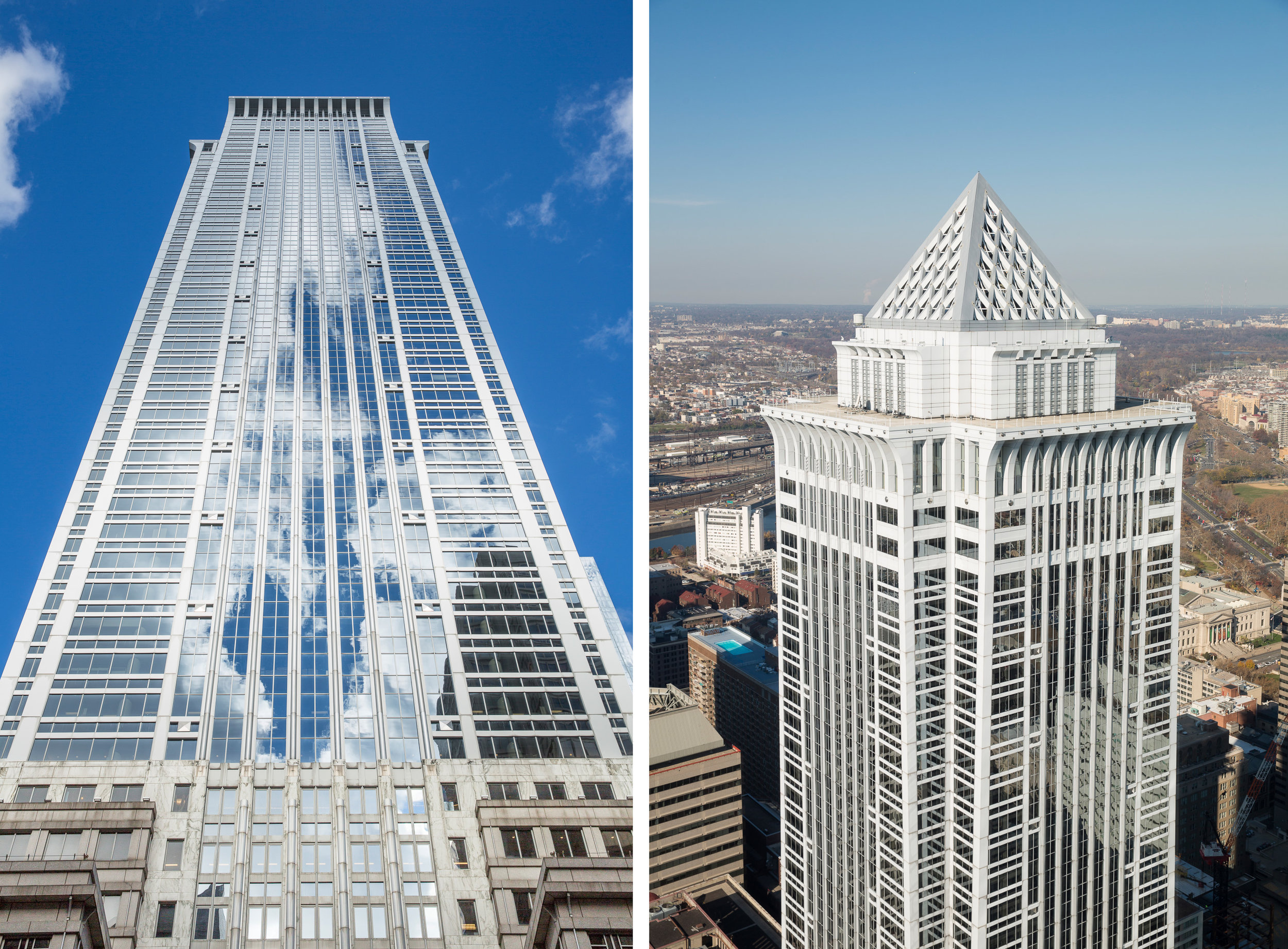 Mellon Bank Center: view up from the street, view from a neighboring skyscraper.