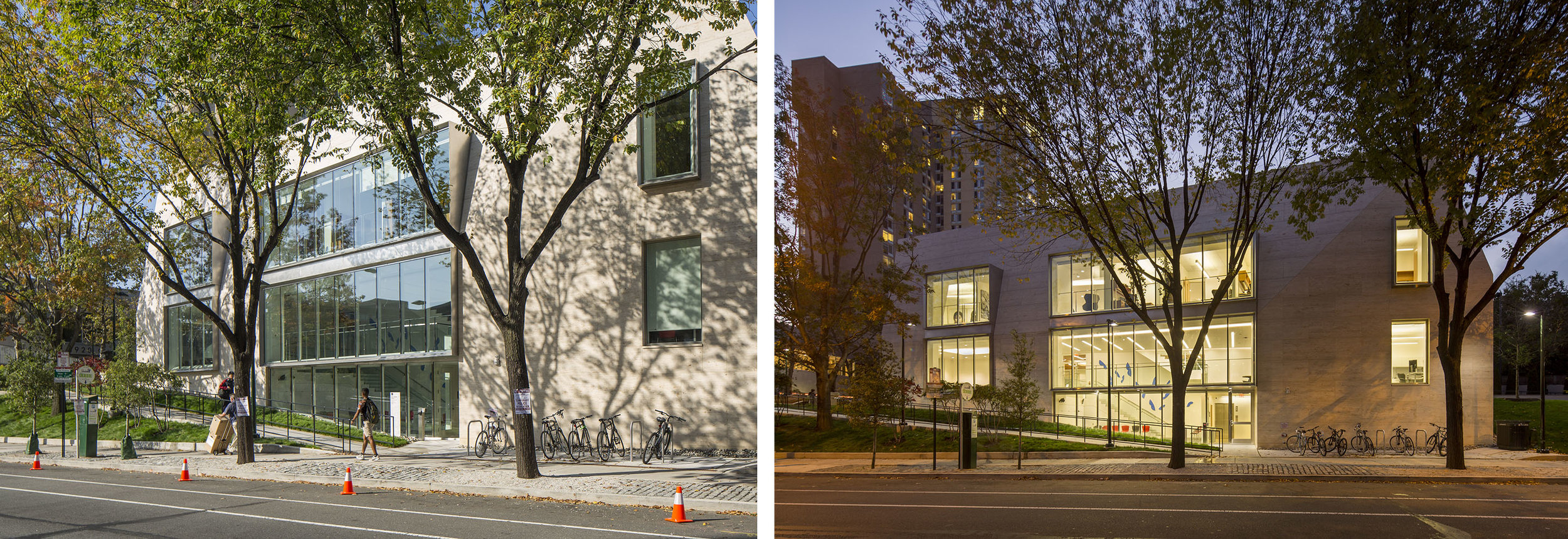 38th Street façade, with and without signs and traffic cones. Here’s where great lighting and the perfect time of day change everything!