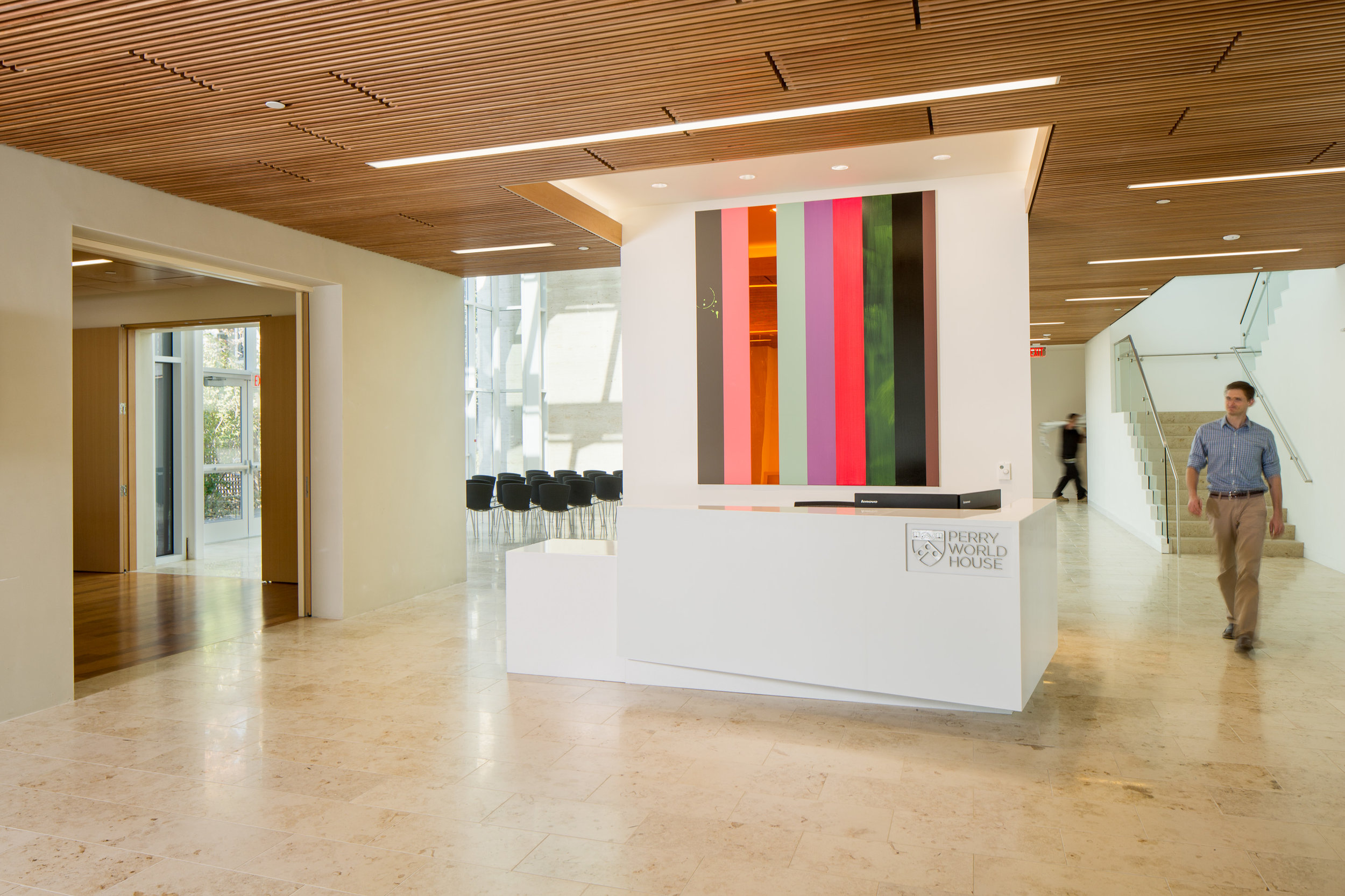 The gateway to Perry World House's World Forum, the artfully designed lobby is often the scene of catered receptions.