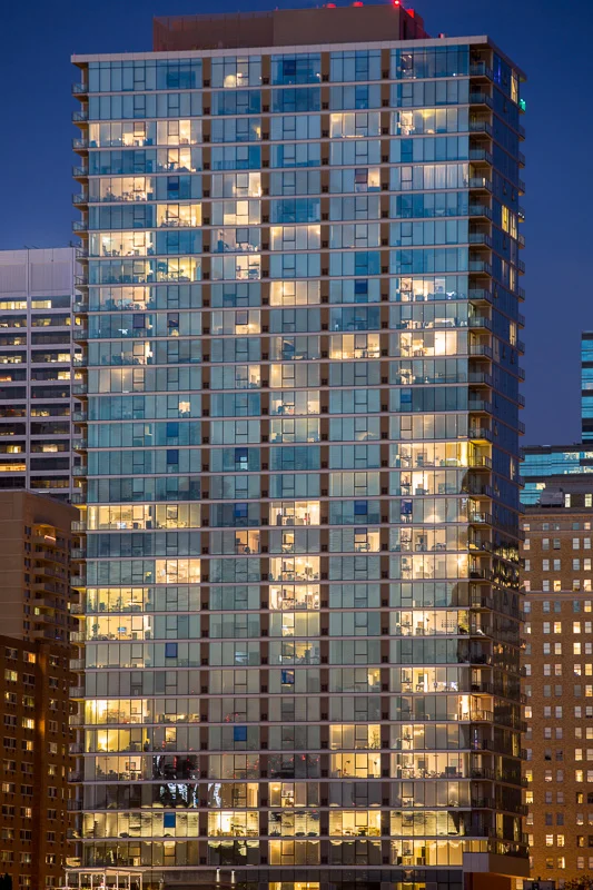 2116 Chestnut Street lights up at night.