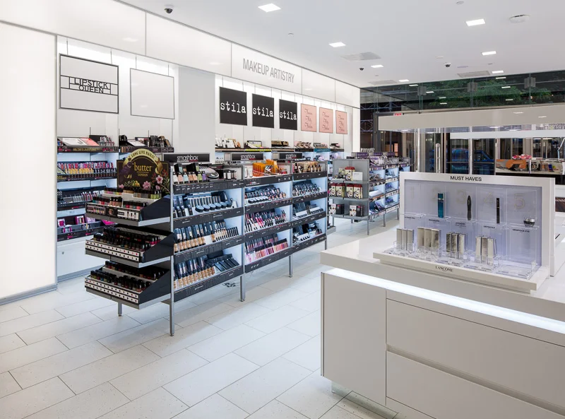 A clean-lined, tidy display of products entices customers to explore at Ulta Cosmetics in Philadelphia.
