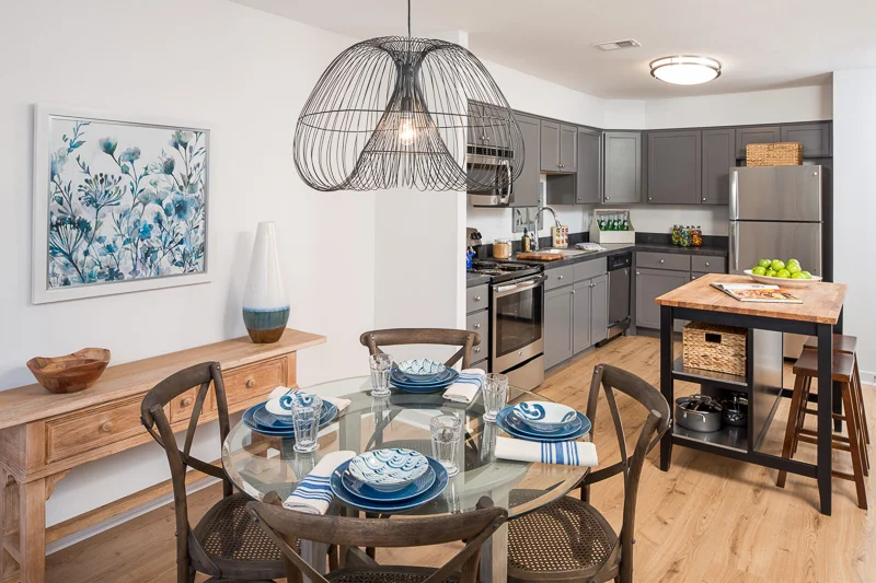 Fresh, modern interiors in the model units appeal to upscale tenants.