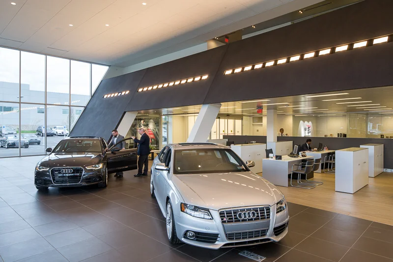 Clean lines and angled walls energize the space and reflect Audi’s signature design aesthetic.