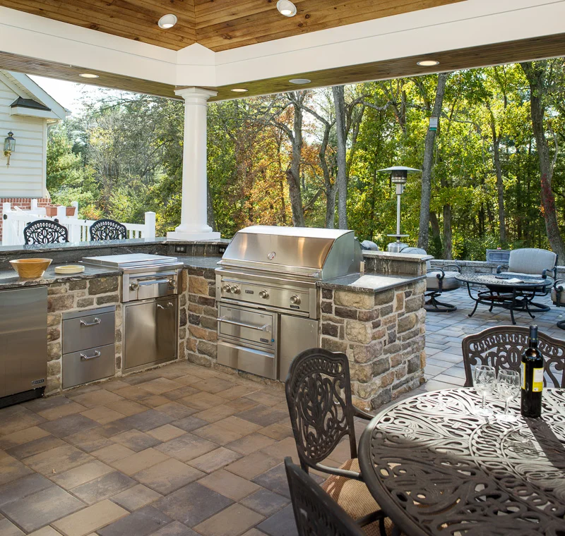 An outdoor chef’s dream setup, this covered outdoor pavilion is the center of any party.