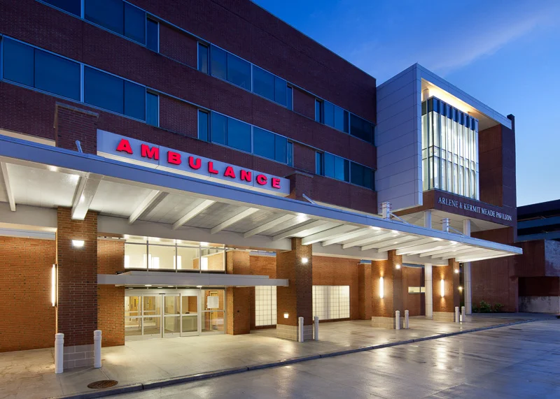 The entrance to the Morristown Hospital Emergency Room glows brightly in the night.