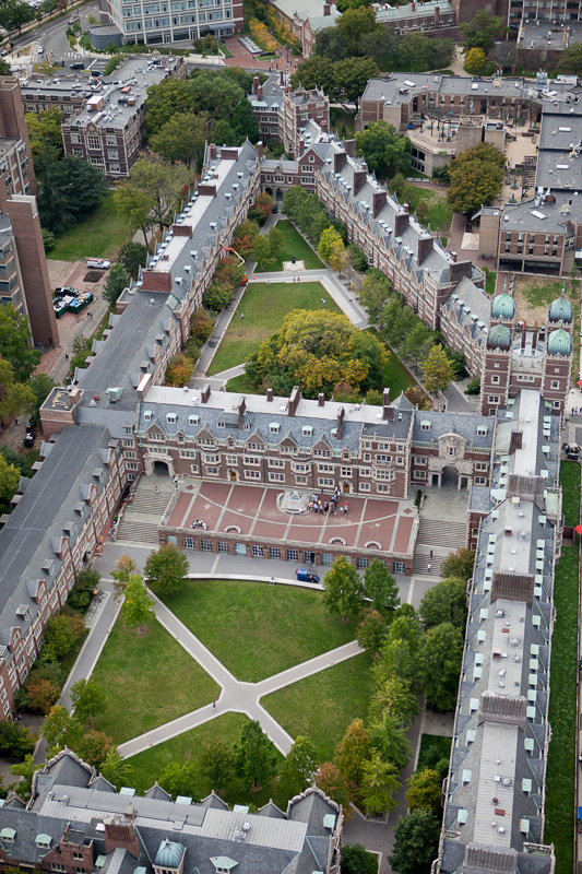 An overhead view captures the precise geometry of the Quadrangle and student housing at University of Pennsylvania.