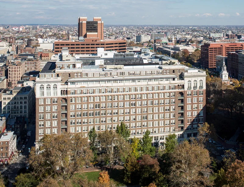 The Curtis Center is twelve stories high and across the street from historic Independence Hall (its steeple is on the right side of this photo).