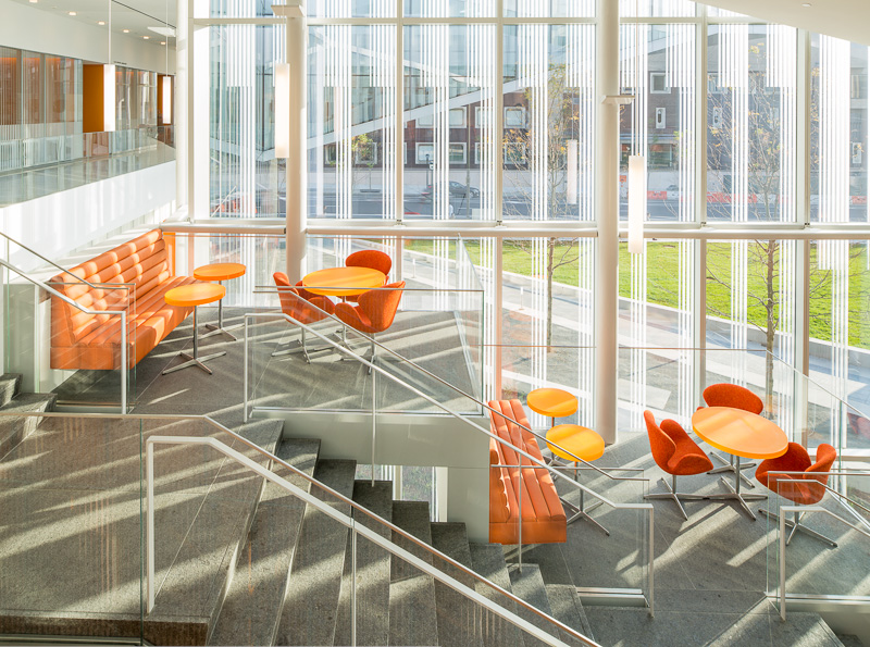 The building is littered with brightly-colored terraces for meetings and studying.