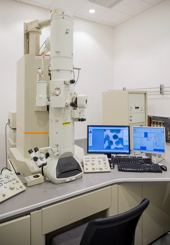 An electron microscope housed in the building’s basement.