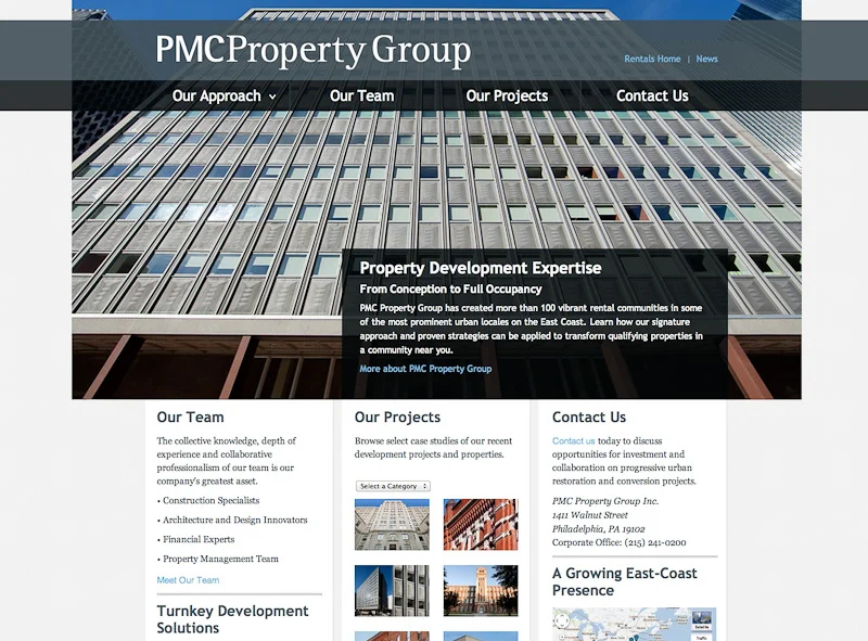 Screenshot of PMC corporate website showing 201 Stanwix in Pittsburgh, PA.