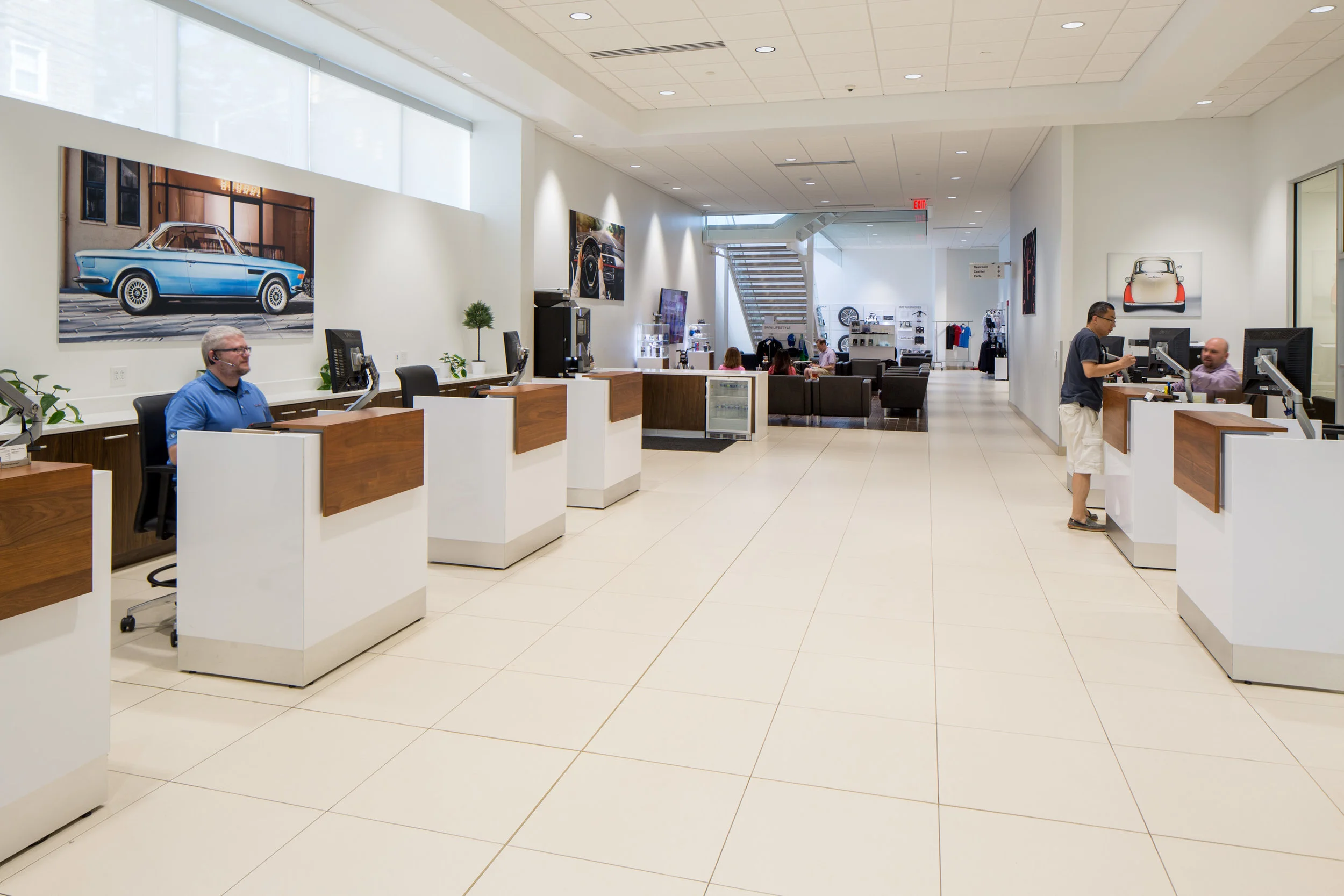 Streamlined customer service center acts as a gateway to the owners's lounge.