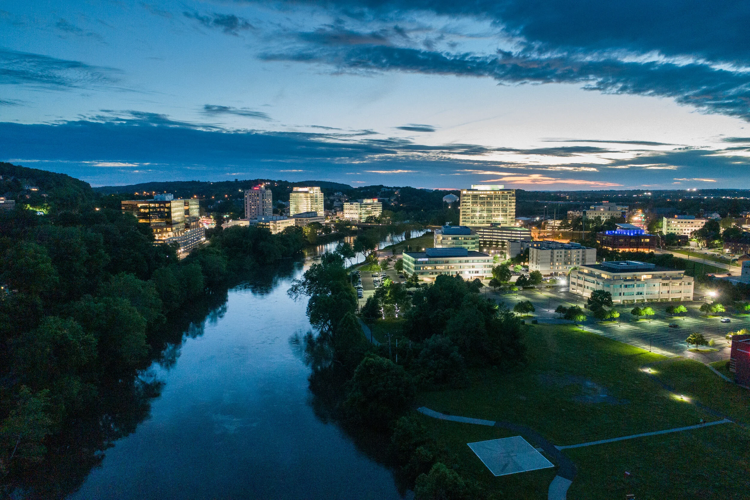 Conshohocken at Twilight from a modestly priced helicopter.