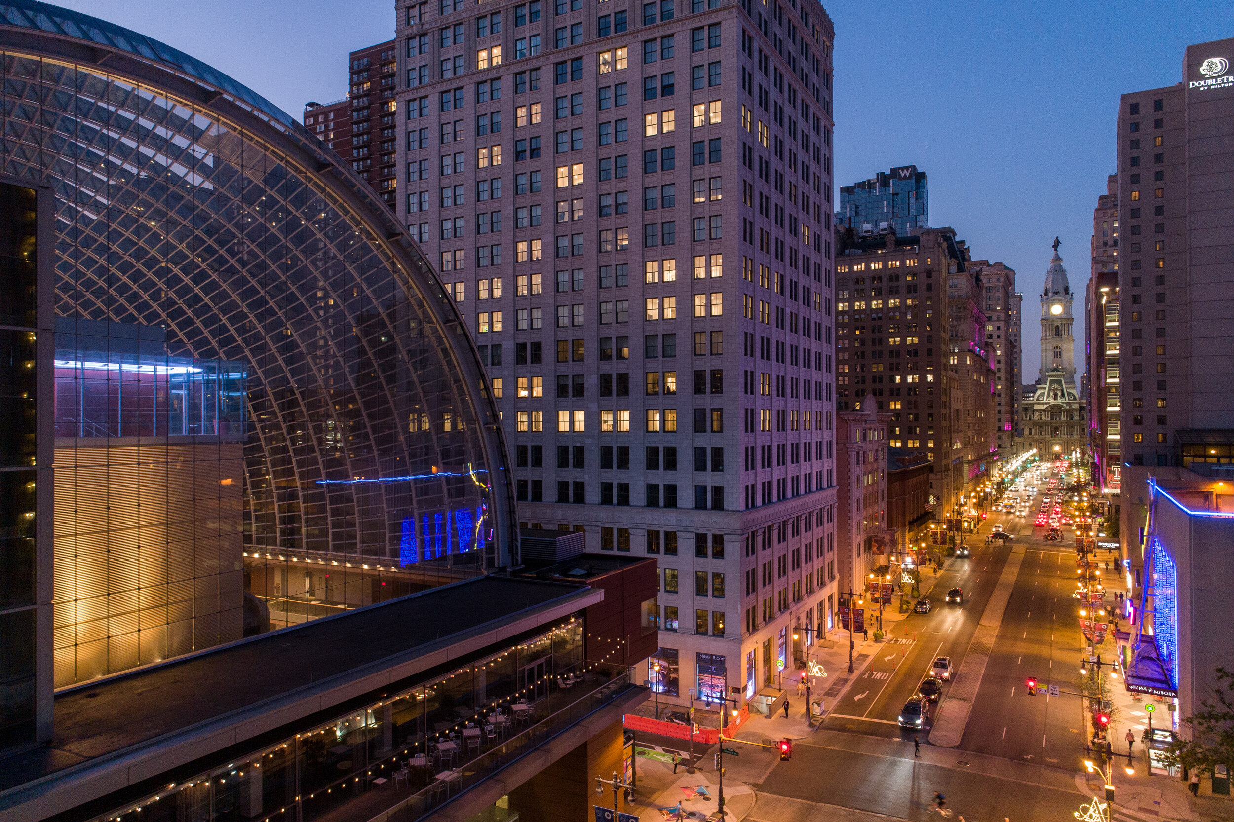 An elevated view from the Kimmel Center to City Hall