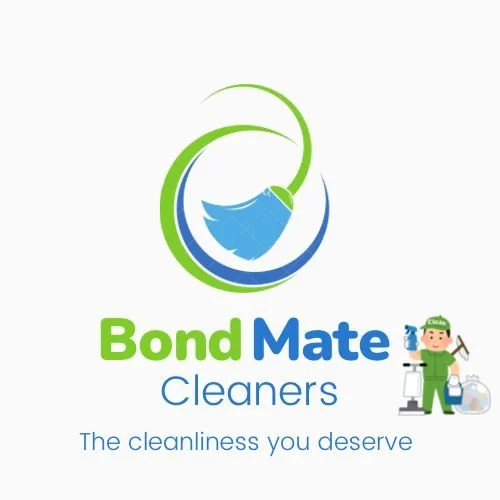 Bond Mate Cleaners logo with a blue and green design, featuring a smiling cartoon cleaner holding cleaning tools, and the slogan 'The cleanliness you deserve'.