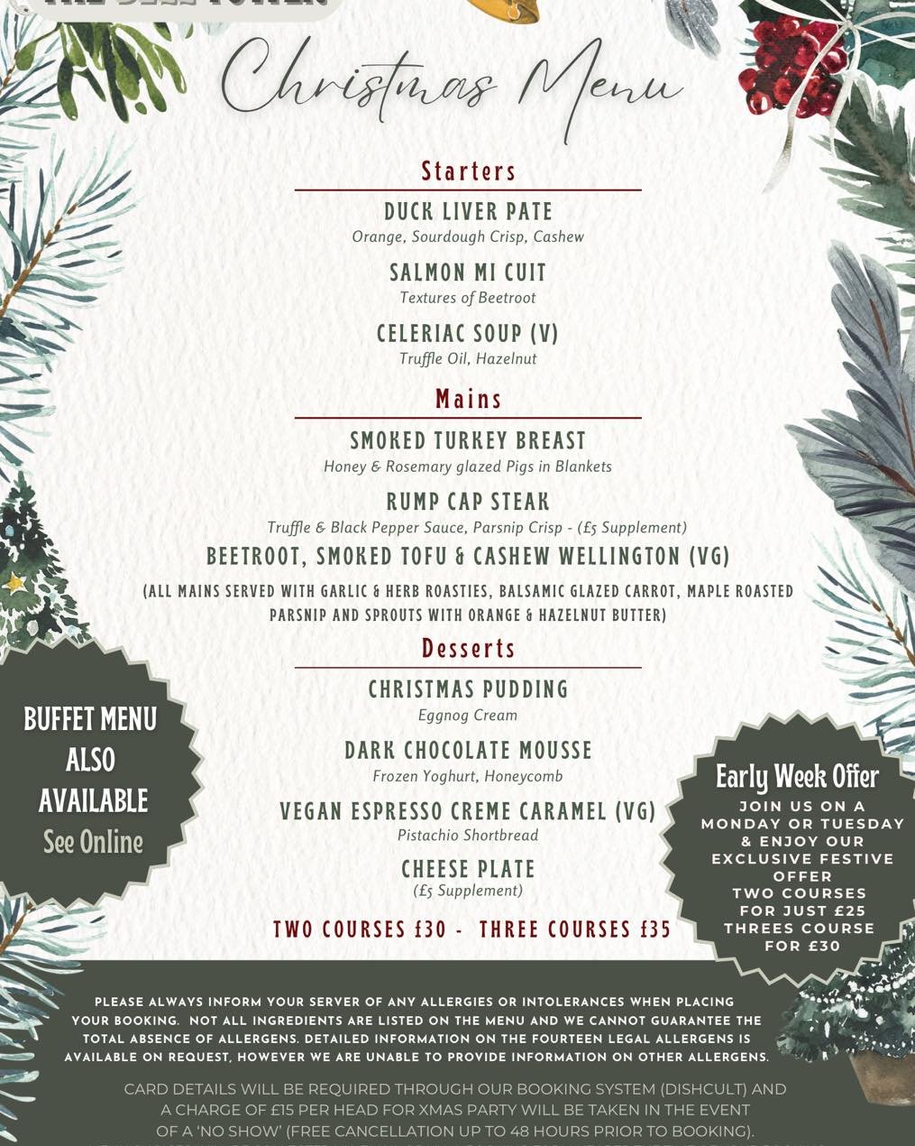 🎄 It's 6 Weeks Until Xmas Eve 🎄

Have you arranged that work, friends or family get together yet?? We would love you to join us for our first Christmas here at The Bell Tower!

Our amazing chefs have designed a mouth watering set menu that really t