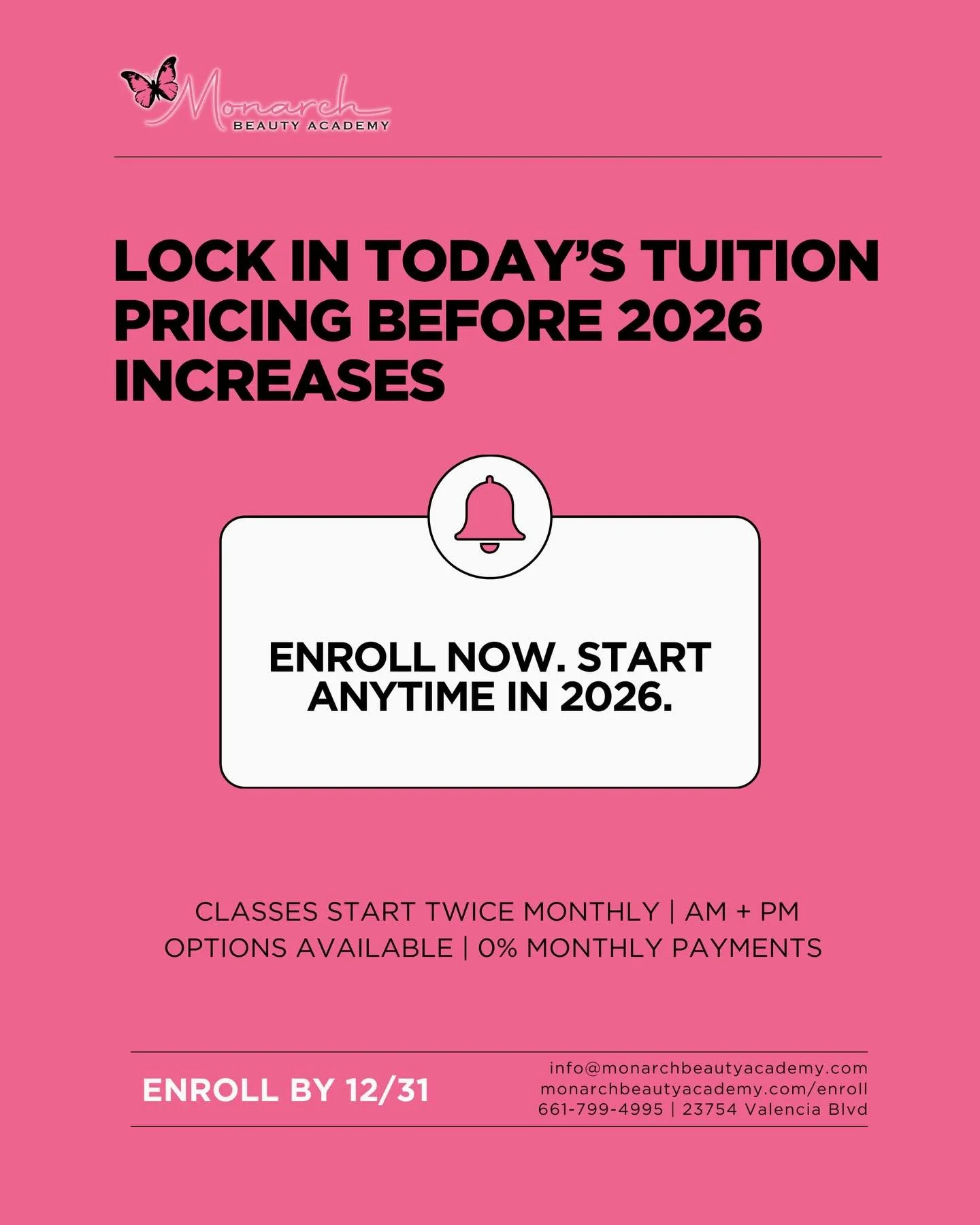 New year, new education 🩷💇🏼&zwj;♀️

Tuition increases are coming in 2026, but enroll by December 31, and lock in current tuition rates and start anytime next year.

With twice-monthly start dates and AM + PM program options, there&rsquo;s never be