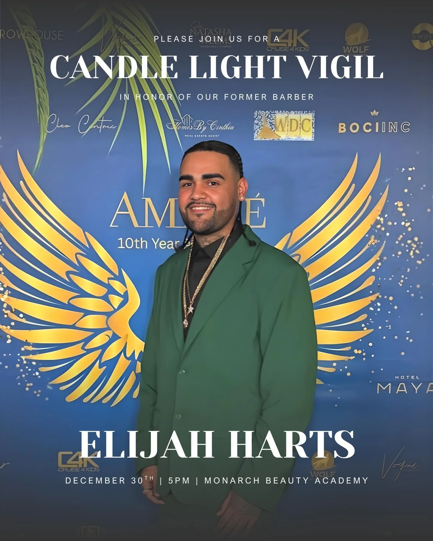 Please join us this Tuesday, December 30th at 5PM for a candle light vigil in honor of our barber Eli, who we lost earlier this year. 

As we approach what would have been his 30th birthday this Wednesday, we want to honor his life, legacy, and spiri